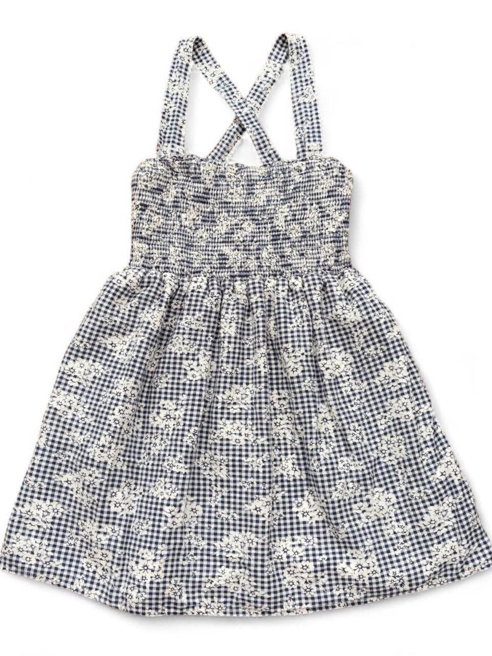 American Eagle Smocked Crossback Gingham Floral Sundress - Navy & White